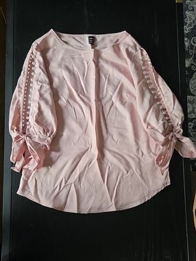 SHEIN Light Pink Pearl-Trim Tie Sleeve Blouse